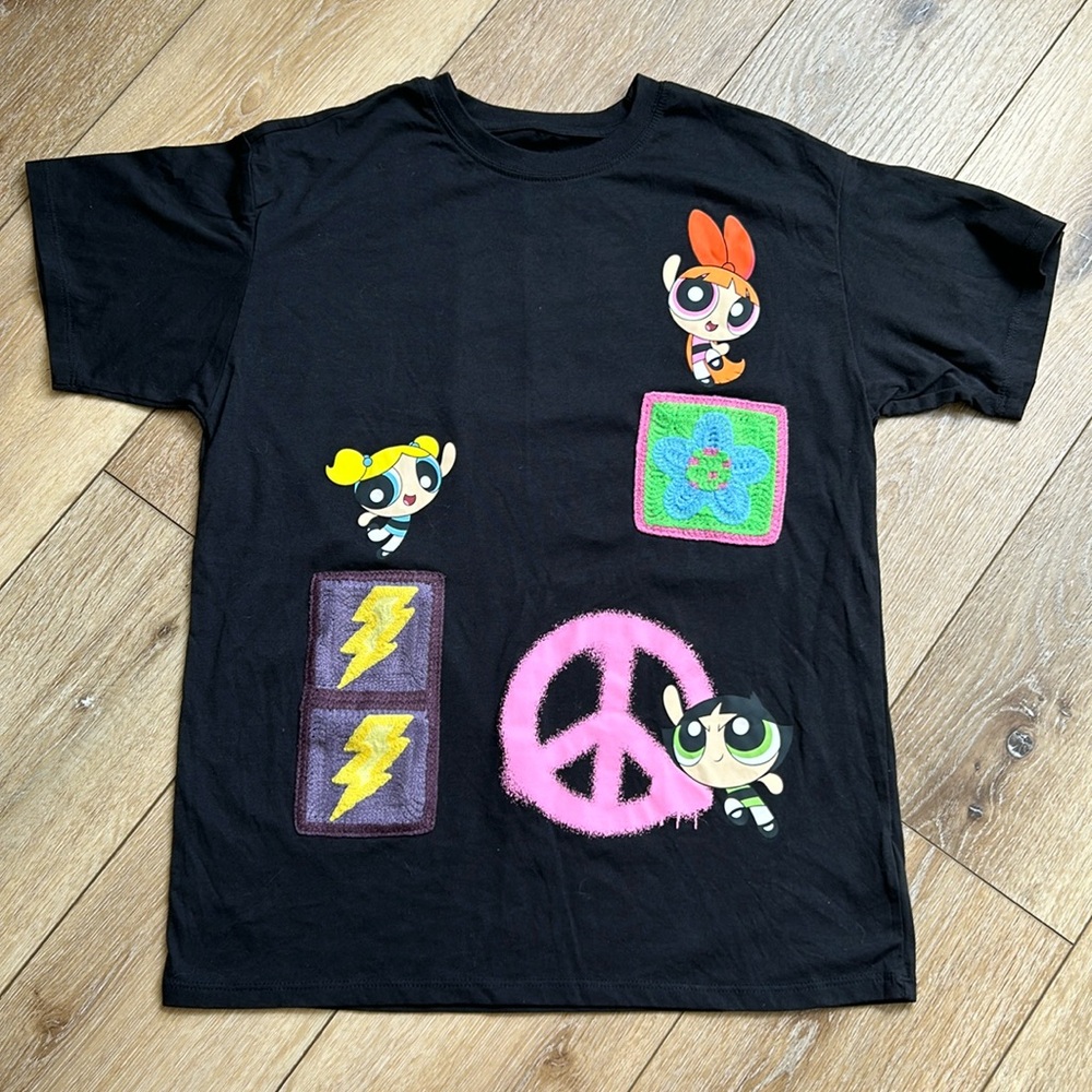Powerpuff Girls Junior Size S(3-5) Black T-Shirt Peace Crochet Super Fie…